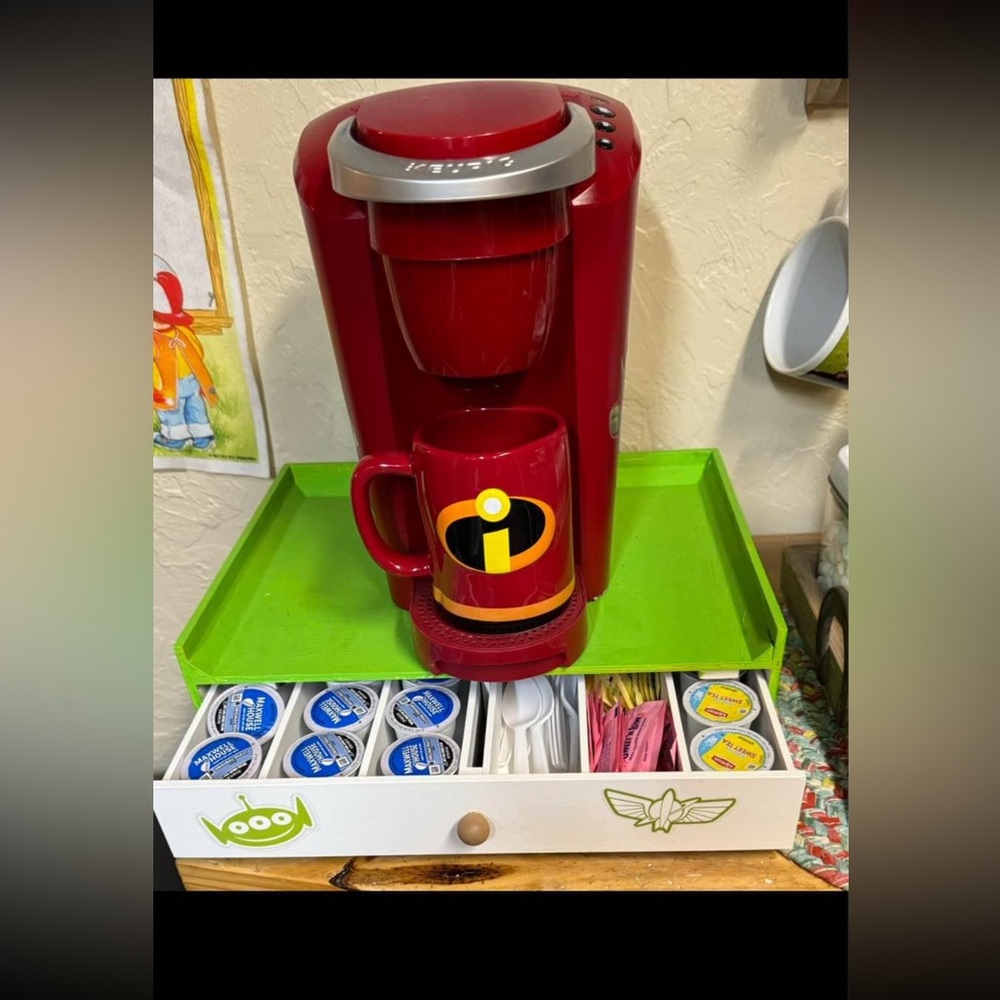 Red Keurig Toy Story themed with k pod stand / storage